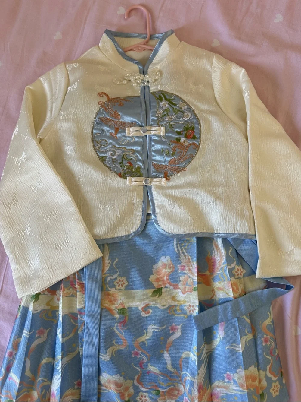 Embroidered Two-Piece Asian-Inspired Jacket & Skirt Set in Ivory and Light Blue